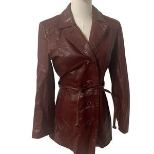 Etienne Aigner  Button Down  Red Belted Leather Jacket Women's Size 8